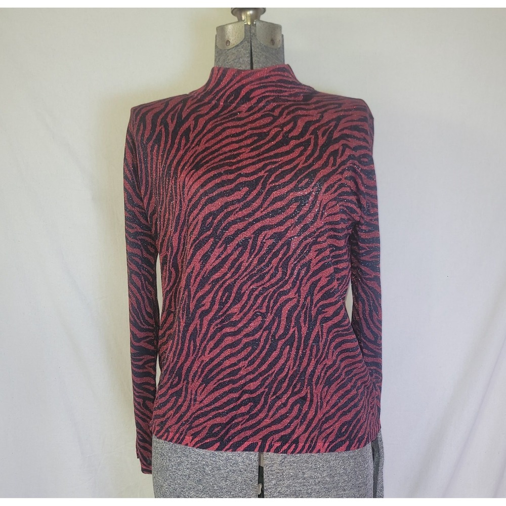 August Silk Knit Sweater Zebra Red Black Long Sleeve Silk Y2K Glitter‎ Going Out